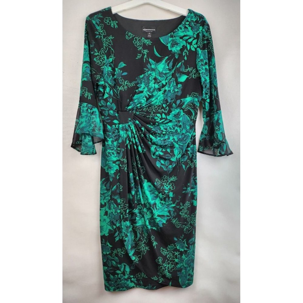 Connected Apparel Green Black Floral Bell Sleeve Faux Wrap Midi Dress 12